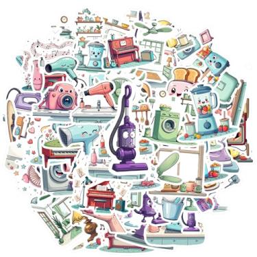 Imagem de 100 peças de eletrodomésticos, itens domésticos, rostos fofos, personagens de desenhos animados, música, adesivos engraçados, adesivos domésticos de desenhos animados para notebook, bagagem, copo de