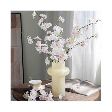 Imagem de Flores artificiais Vaso de vidro bege, flores falsas cerejeira, simulação arranjo, decoração mesa salão interno
