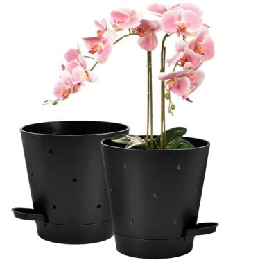Imagem de Vanslogreen Vasos de orquídea com furos, vaso de orquídea autoirrigável de 15 cm, pacote com 2 vasos de plástico para orquídeas, flores (preto)