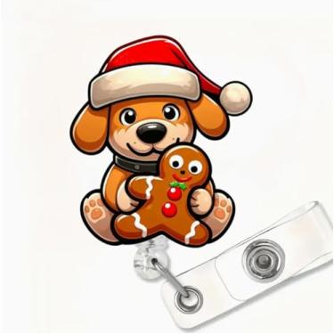 Imagem de Carretel de crachá de cachorro de gengibre de Natal com clipe de crachá de enfermeira de inverno para decoração de crachá retrátil com clipe de jacaré de acrílico, suporte de crachá fofo para
