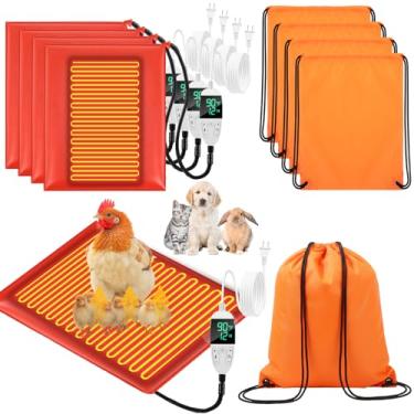 Imagem de Grinsvalley Pacote com 4 almofadas de chocadeira para pintinho, tapete aquecido para frango, almofada de aquecimento ajustável, termostato, aquecedor de ninhada com temporizador e bolsa de
