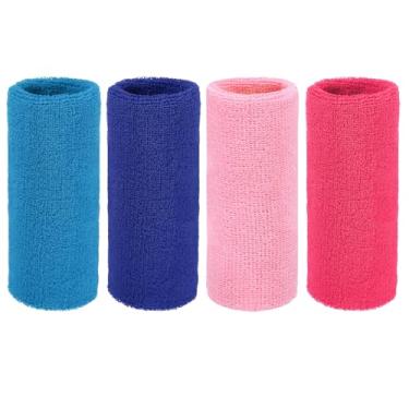 Imagem de YELARXI Pulseiras de suor, pulseiras para esportes de suor 15 x 7,6 cm e pacote com 4 e azul/azul marinho/rosa/vermelho rosa claro - adequado para (tênis/basquete/futebol/homens e mulheres)
