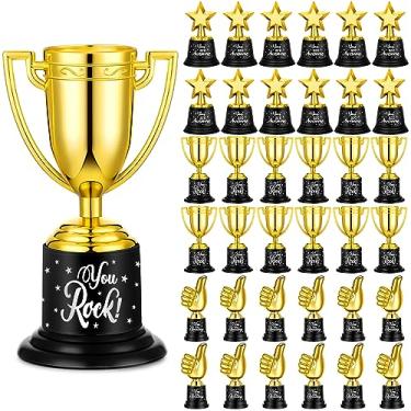 Imagem de Pacote com 36 troféus de ouro, prêmio de troféu de estrela em massa, polegares para cima, para crianças, funcionários, mini taças douradas de plástico para sala de aula, esportes, futebol, futebol