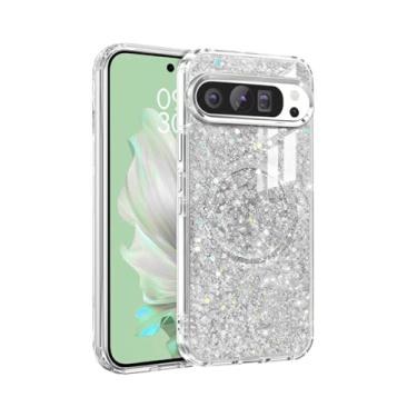Imagem de Capa magnética com glitter para Google Pixel 10/10 Pro/9/9 Pro, capa de telefone brilhante de luxo para mulheres e meninas compatível com MagSafe (prata, para Pixel 10/10 Pro/9/9 Pro (6,3 polegadas))