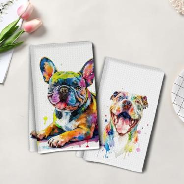 Imagem de 2 peças de toalhas de cozinha artísticas coloridas para cães, toalha de mão de chá super absorvente, panos de prato de microfibra para secar pratos, toalhas de prato waffle para cozinha, banheiro