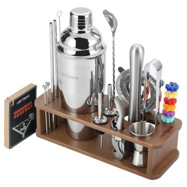 Imagem de HMYBAR Conjunto De 22 Coqueteleiras (24 Oz/700 Ml), Kit Barman Para Mixologia, Bar, Utensílios Fazer Martinis Com 39 Receitas Coquetéis E Decoração Do Kit, Suporte Bambu Marrom, Prateados