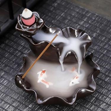 Imagem de Queimador de incenso de refluxo de cerâmica, decoração criativa para casa, queimador de incenso artesanal em forma de peixe, aproveite o aroma de sândalo (C-6 Lotus Brown)