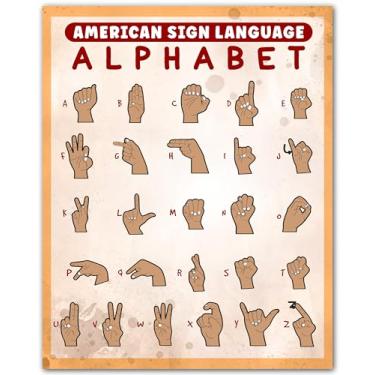 Imagem de Tabela do alfabeto da língua de sinais americana - Pôster do alfabeto Asl para crianças e salas de aula - Tabela educacional de linguagem de sinais para aprender letras e sinais de dedo - Decoração de