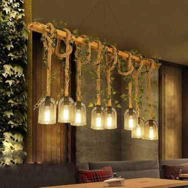 Imagem de Luminária pendente estilo pastoral americano retrô com corda de cânhamo para restaurante, bar, cafeteria, loja de chá com leite, loja de roupas, decoração com plantas (8 lâmpadas)