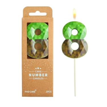 Imagem de PHD CAKE Velas de aniversário com número de 8 pixeis de cristal de 6 cm, velas verdes com número de mineiro, velas com número de bolo, celebração de festa, vela estilo