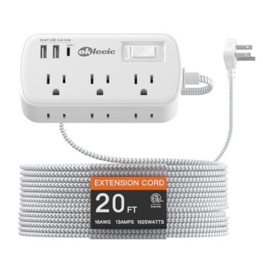 Imagem de Cabo de extensão de 6 metros de comprimento com várias tomadas, plugue plano protetor de surtos com 6 tomadas, 3 portas USB, 1080J, estação de carregamento multiportas, montado para