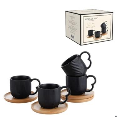 Imagem de Conjunto de Xícaras de Café Espresso Oasis, Cerâmica Preta Fosca com Pires de Bambu, 90ml, 8,5x6,5x6cm, 4 Xícaras e 4 Pires em Bambu, Linha Premium