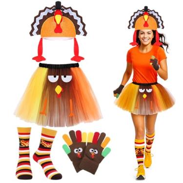 Imagem de Quelay Conjunto de 4 peças de fantasia de peru de ação de graças para mulheres, fantasia de trote de peru, saia tutu de ação de graças, chapéu de peru, luvas