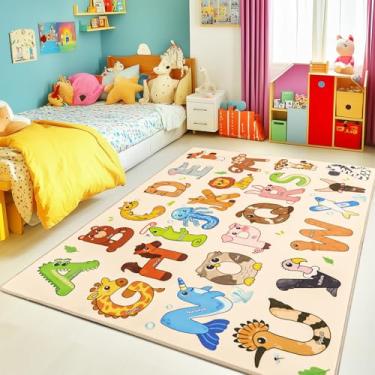 Imagem de Bolacrom Tapetes infantis para sala de jogos, tapete educativo para aprender o alfabeto ABC, macio, lavável na máquina, tapete de animal fofo antiderrapante para sala de aula, berçário, tapete de