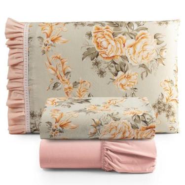Imagem de Jogo Lençol Fiore Solteiro Algodão Babadinho Salmão Floral - Casa Scar