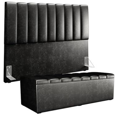 Imagem de Kit Cabeceira Cama Box Queen 160cm Calçadeira Baú Dália W01 Couríssimo Preto - Lyam Decor