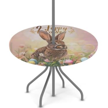 Imagem de hongjinglin Toalha de mesa de Páscoa para uso ao ar livre com orifício para guarda-chuva, toalha de mesa redonda elástica com zíper, impermeável, limpável, para piquenique, festa, pátio, serve para