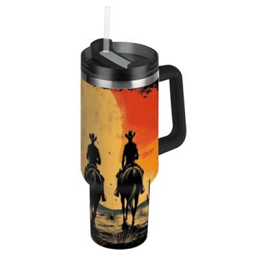 Imagem de Blueangle Copo caubói americano de 850 g com alça e tampa de palha, caneca de viagem de aço inoxidável isolada a vácuo de parede dupla, garrafa de água reutilizável para academia de escritório ao ar