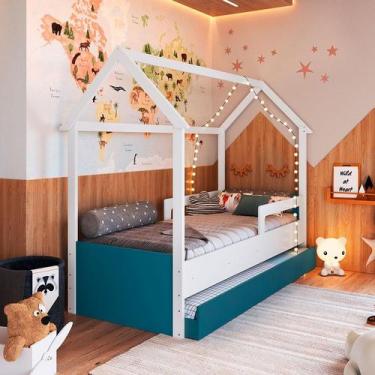 Imagem de Cama Infantil Montessoriana com Cama Auxiliar Miney Branco e Azul - Co