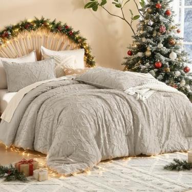 Imagem de Litanika Conjunto de edredom king size aveia, 3 peças, boêmio adornado, conjunto de cama de fazenda fofo para todas as estações com 2 fronhas de padrão de folhas (264 x 224 cm)