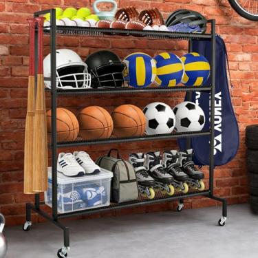 Imagem de Organizador de equipamentos esportivos de garagem, prateleiras de basquete para bolas, rack de armazenamento de bolas de garagem com ganchos e cestas de taco de beisebol, suporte de basquete, carrinho