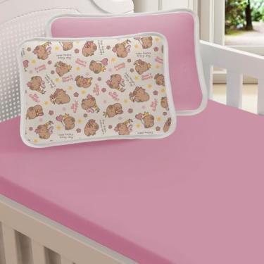 Imagem de Jogo De Lençol Berço 2 Pçs Malha 100% Algodão Menino Menina 1,30x0,70 (Capivara Rosa)