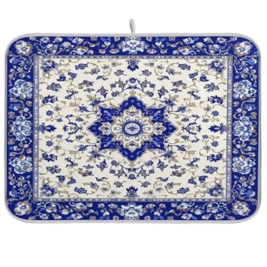 Imagem de Coikll Tapete de secagem de louça floral de porcelana azul e branco (2) para balcão de cozinha, tapetes de escorredor de pratos de microfibra absorvente, protetor de louça, almofada de secagem de