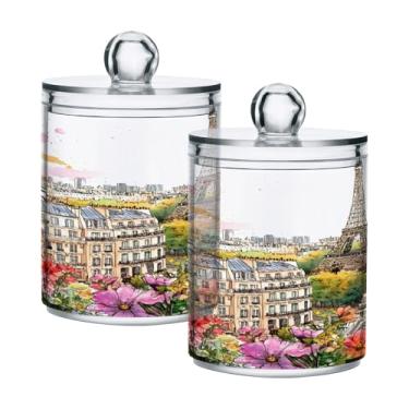 Imagem de STAYTOP 2 frascos de boticário para banheiro com etiquetas para torre Eiffel e flores – recipiente de armazenamento de plástico transparente para bola de algodão, cotonete, grão de café