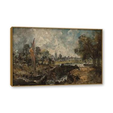 Imagem de Moldura de teca. Arte em tela romantismo estilo constável, (sem título 51), pintura de paisagem inglesa emoldurada, decoração de parede elegante para sala de estar escritório. 60 x 90 cm - 23,7 x 35,5