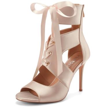 Imagem de Perisis Sandálias femininas de salto alto rosa com cadarço gladiador stiletto peep toe, Rosa claro, 38