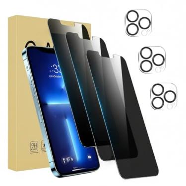 Imagem de Pacote com 3 protetores de tela de privacidade para iPhone 13 Pro [tela de 6,1 polegadas] + pacote com 3 protetores de lente de câmera, película de vidro temperado privada antiespião, [dureza 9H] - HD