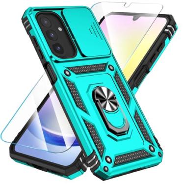 Imagem de SunStory Capa compatível com Samsung Galaxy A17 5G com protetor de tela HD e capa de câmera deslizante e suporte de anel girado, [à prova de choque] Capa de telefone de camada dupla, azul-petróleo