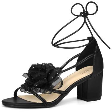 Imagem de Perphy Sandália feminina de salto grosso com tiras e cadarço floral, Preto, 40