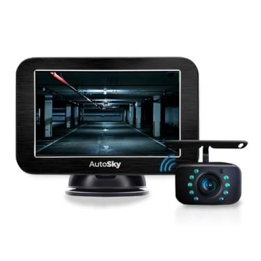 Imagem de AutoSky Câmera de backup sem fio – configuração fácil – sinal estável – Câmera de visão traseira HD – Monitor de tela de 12 cm para câmera de backup – Visão noturna e à prova d'água
