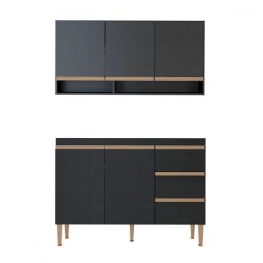 Imagem de Kit Balcão Pia Para Cozinha Com Armário Aéreo 120x52cm Preto Preto