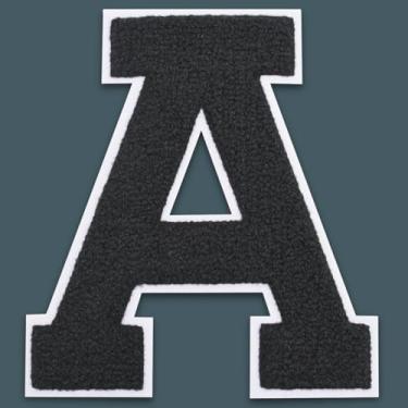 Imagem de QianSiLi Remendos de letras universitárias de chenille preto de 15 cm, letras grandes para jaquetas Letterman, moletons com capuz, mochilas, coletes, roupas, adesivos individuais da letra A