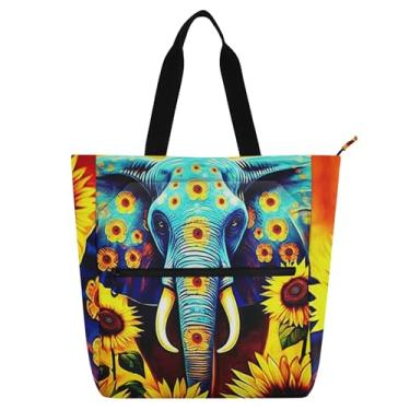 Imagem de GAIGEO Sacola de Elefante Azul Girassóis para Crianças e Mulheres com Zíper Reutilizável Bolsa Escolar Impressão Colorida