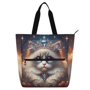 Imagem de GAIGEO Lindas bolsas de trabalho Ragdoll Queen Cat para mulheres, bolsa de lona para livros de praia, com zíper, bolsas femininas infantis com compartimentos