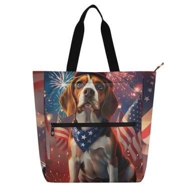Imagem de GAIGEO Linda bolsa feminina de trabalho com bandeira americana de cachorro Beagle bolsa de lona para livros de praia com zíper para professores com compartimentos