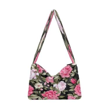 Imagem de Bolsa de ombro com flores laranja e rosa em pelúcia preta, bolsa de ombro para mulheres, bolsas de outono, Rosas e folhas rosas florais em preto-1, One Size