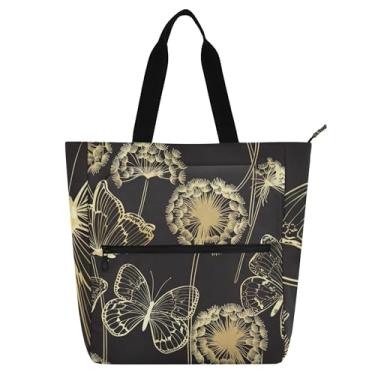 Imagem de Sacolas de trabalho pretas com borboletas douradas, dente-de-leão, para mulheres, lona, praia, livro, com zíper, bolsas para professores, presentes para amantes de livros