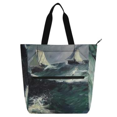 Imagem de GAIGEO Bolsa de trabalho feminina para pintura barcos à vela ondas do oceano bolsa de trabalho de lona escolar bolsa de livros para professores amantes de livros