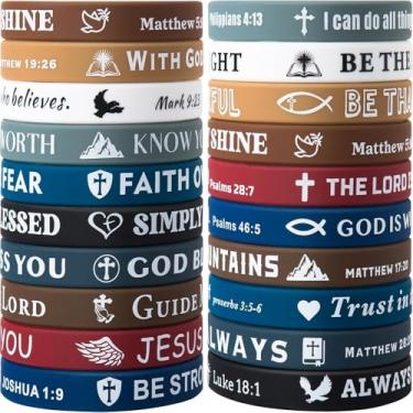Imagem de 24 pulseiras de versículo da Bíblia, pulseiras de silicone coloridas fofas com escrituras, confortáveis e leves, lembrancinhas de festa religiosas perfeitas para homens e mulheres cristãs