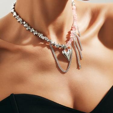 Imagem de Colar de corrente com borla, pingente boho em camadas sol e lua, joia de pedra de cristal colorida para mulheres, Large, Metal metal Imitação de turquesa Corrente de ferro, imitação de turquesa