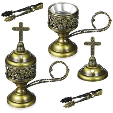 Imagem de Zonon 2 conjuntos de queimadores de incenso com pinça, suporte de incenso de carvão e olíbano, ideal para ioga, spa, aromaterapia, incensário de igreja cristã (Bronze)