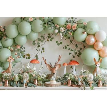Imagem de Baocicco Cenários de chá de bebê de veado de 2,1 x 1,5 m para sessão de fotos, balões de cogumelo, flores, cervos da floresta, cenários para fotografia de animais, amigos, tema de festa, chá de bebê