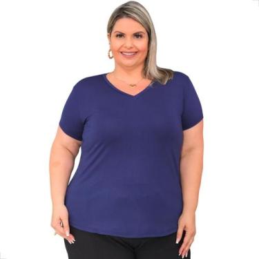 Imagem de T-shirt blusa gola v basica - Curvy Plus, Azul, Marinho, 54