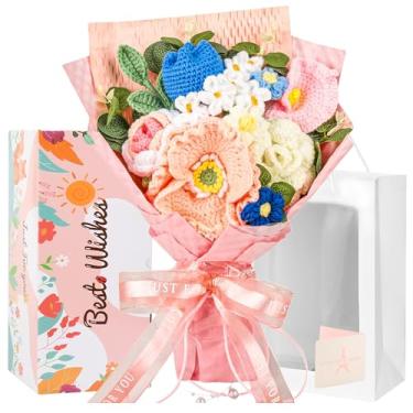 Imagem de Buquê de flores de crochê, flores de crochê feitas à mão em rosa e azul, presente de dia dos namorados para sua namorada, esposa, mulheres, buquê floral de malha para o dia das mães, aniversário de