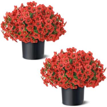 Imagem de 2 conjuntos de glória artificial da manhã e topiária de eucalipto - vasos de plantas de flores de seda sintética, arbustos falsos resistentes a UV para porta da frente, quintal, casa de fazenda