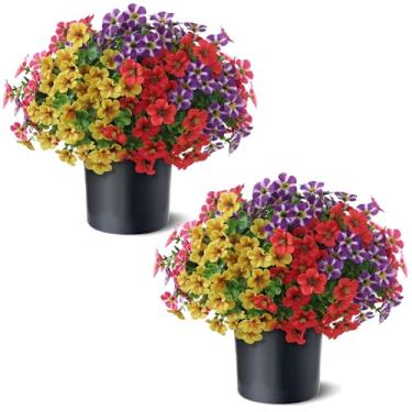 Imagem de 2 conjuntos de glória artificial da manhã e topiária de eucalipto – vasos de plantas de flores de seda sintética, arbustos de glória matinal falsos resistentes a UV para porta da frente, casa de